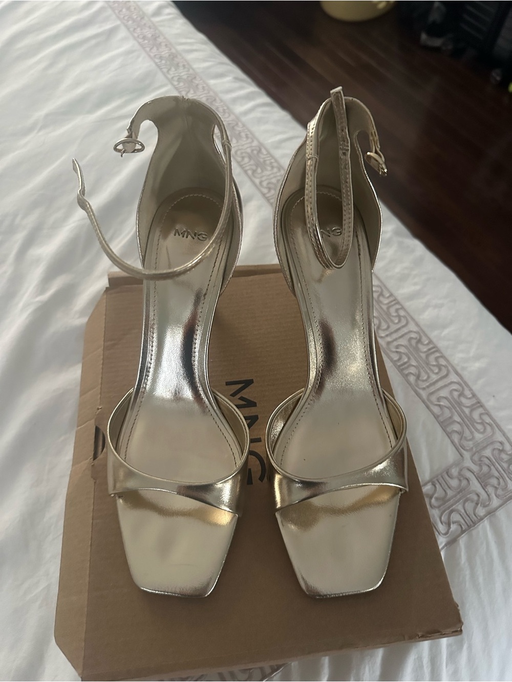 Mango Metallic Gold Ankle-Strap Heeled Sandals